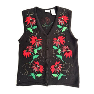 Vintage Bobbie Brooks Christmas Vest M Black Knit Red Poinsettia Gold Beaded